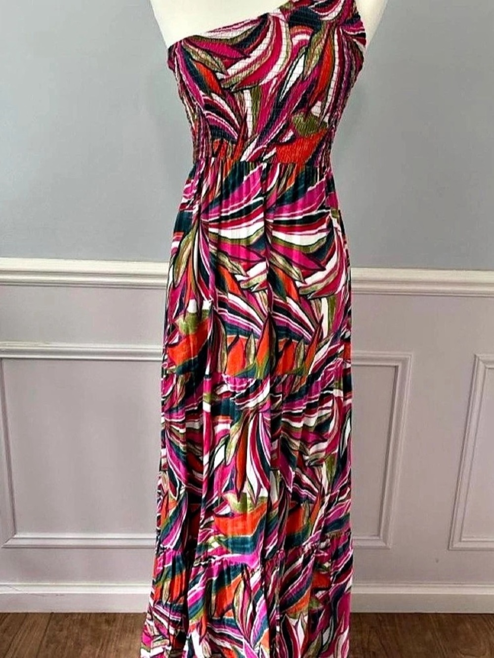 Abel the Label One Shoulder Printed Smocked Maxi Dress